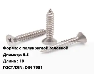 Саморез с полукруглой головкой D=6.3 L=19 ГОСТ: DIN 7981